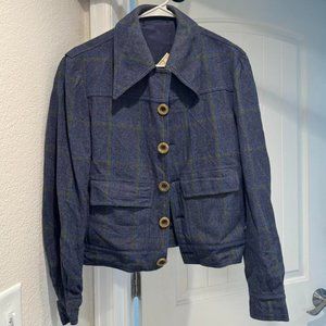 Vintage Wool Navy Flannel Silk Blend Dress Suit Blazer Size Medium Petite